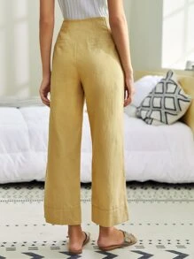 SHEIN Button Waist Wide Leg Pants - Khaki - View 2