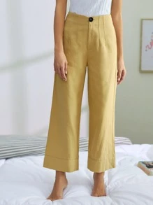 SHEIN Button Waist Wide Leg Pants - Khaki - View 3