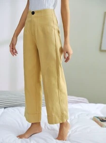 SHEIN Button Waist Wide Leg Pants - Khaki - View 4