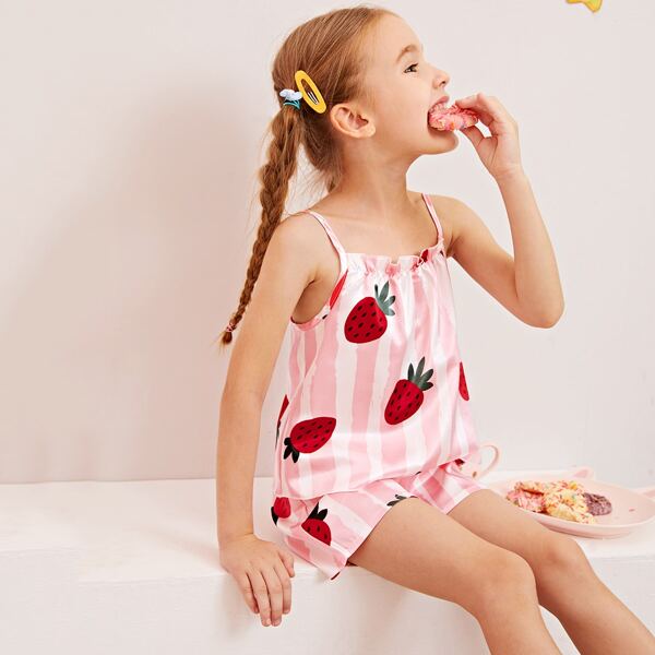 

Toddler Girls Strawberry And Striped Satin Cami PJ Set, Pink