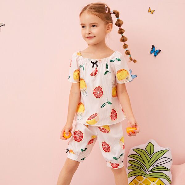 

Toddler Girls Grapefruit Print Bow Detail PJ Set, Multicolor