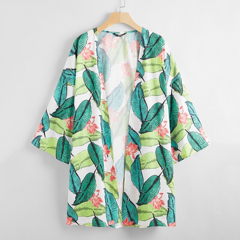 

Open Front Tropical Print Kimono, Multicolor