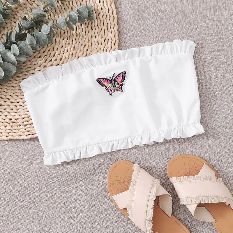 

Butterfly Embroidered Frill Tube Top, White