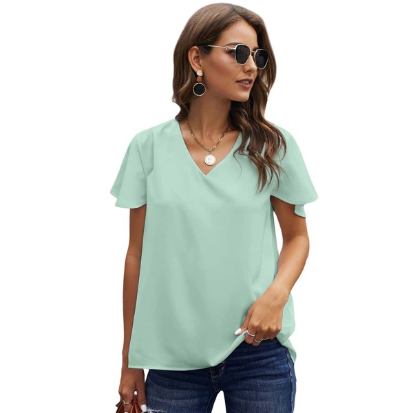 

Solid V-Neck High Low Hem Blouse, Green