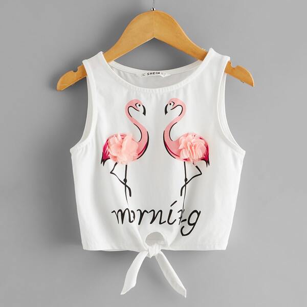 

Girls Appliques Detail Flamingo Print Knot Hem Tank Top, White