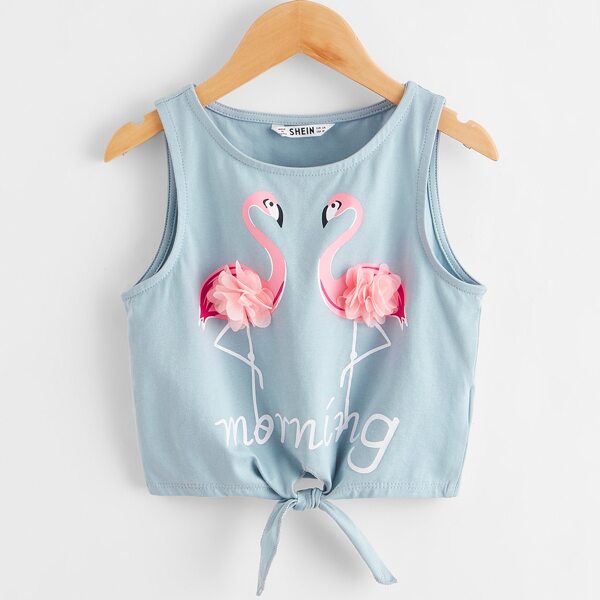 

Girls Appliques Detail Flamingo Print Knot Hem Tank Top, Baby blue