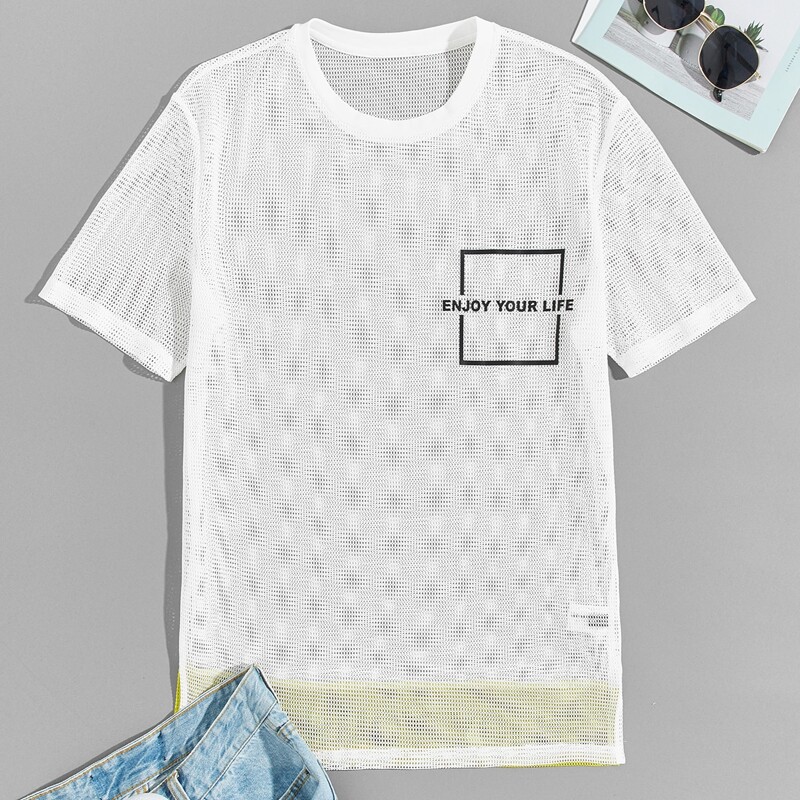 Guys Slogan Contrast Panel Back Sheer Mesh Top, White