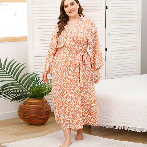 

Plus Allover Print Self Tie Robe, Orange
