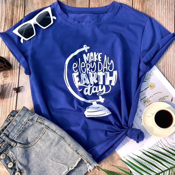 

Plus Slogan & Graphic Round Neck Tee, Blue