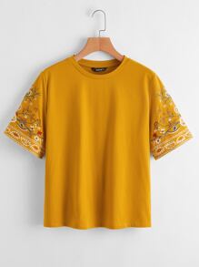 SHEIN 植物刺繡袖上衣 - 芥末黃 - 查看 1