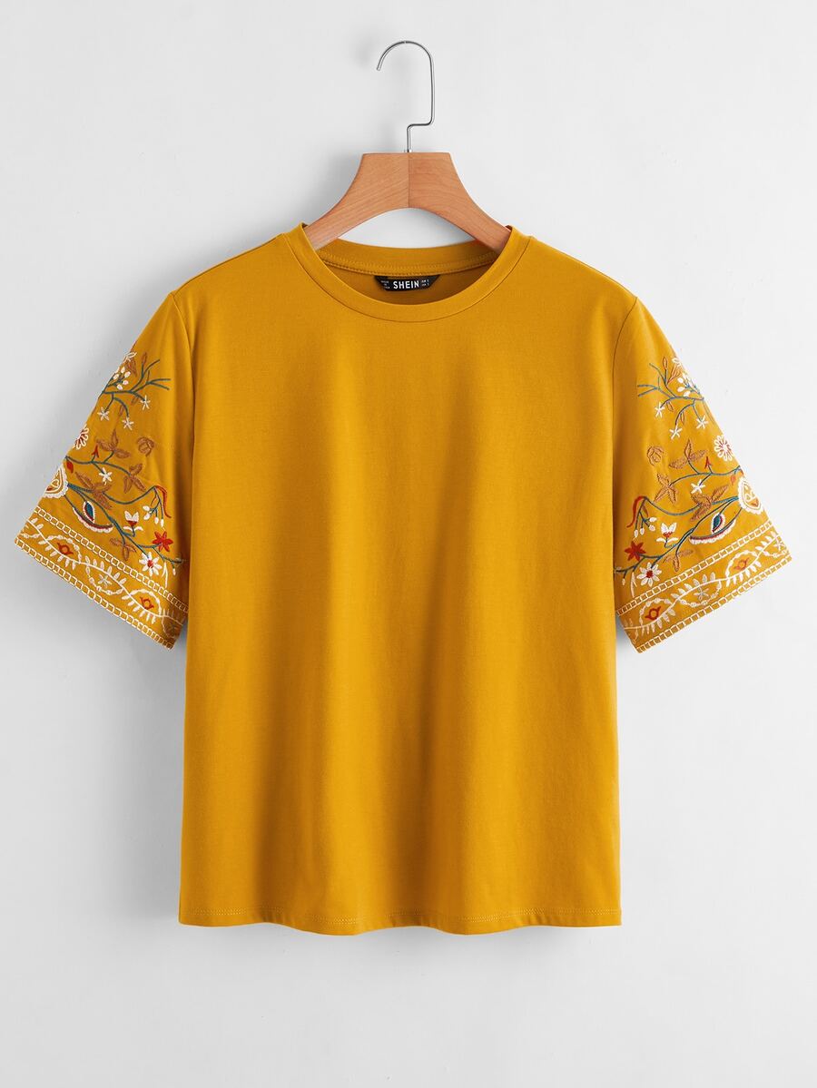 SHEIN 植物刺繡袖上衣 - 芥末黃 - 查看 1