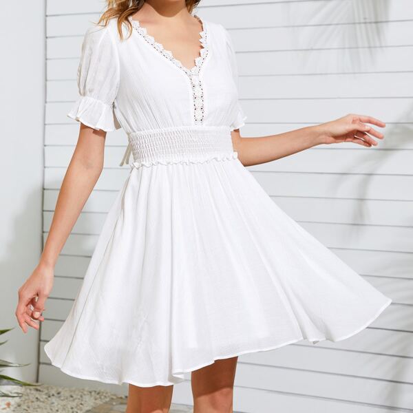 

Guipure Lace Trim Shirred Waist Tie Back Dress, White