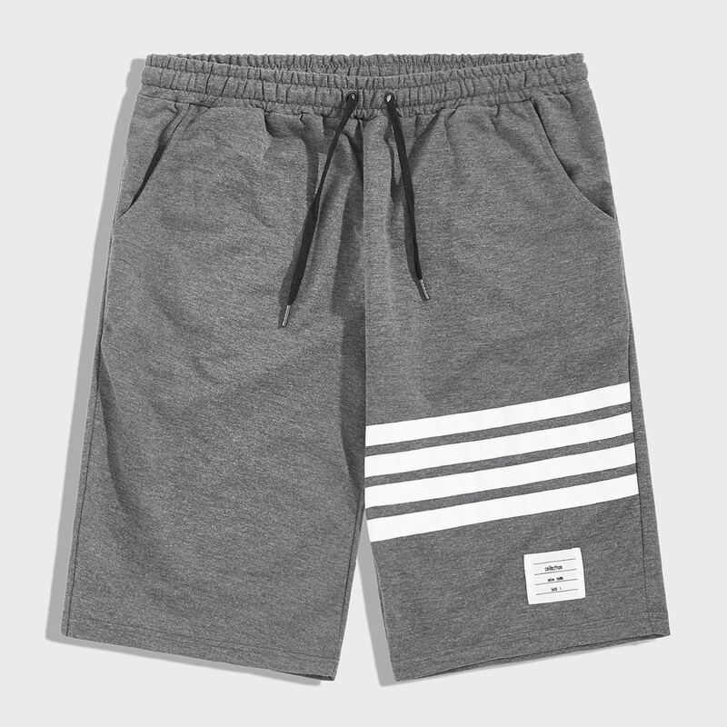 

Guys Letter Patched Striped Drawstring Athletic Shorts, Grey