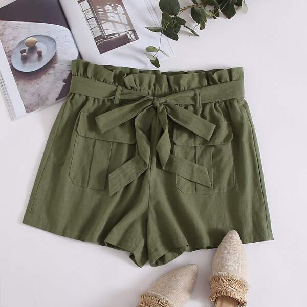 

Plus Paperbag Waist Pocket Front Belted Shorts, Army green