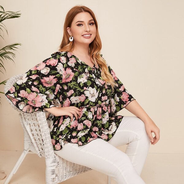 

Plus Ruffle Neck Floral Peplum Top, Multicolor