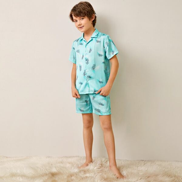 

Boys Tropical Print Shirt & Shorts PJ Set, Mint green