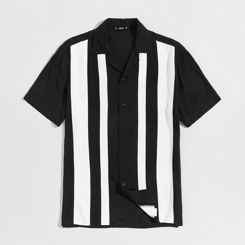 

Guys Notch Collar Striped Shirt, Black
