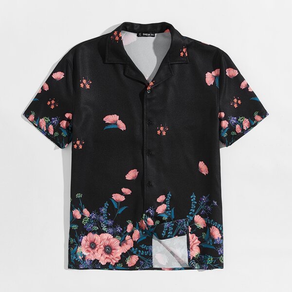 

Men Flower Print Short Sleeve Shirt, Black