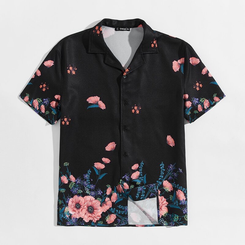 

Guys Flower Print Short Sleeve Shirt, Black
