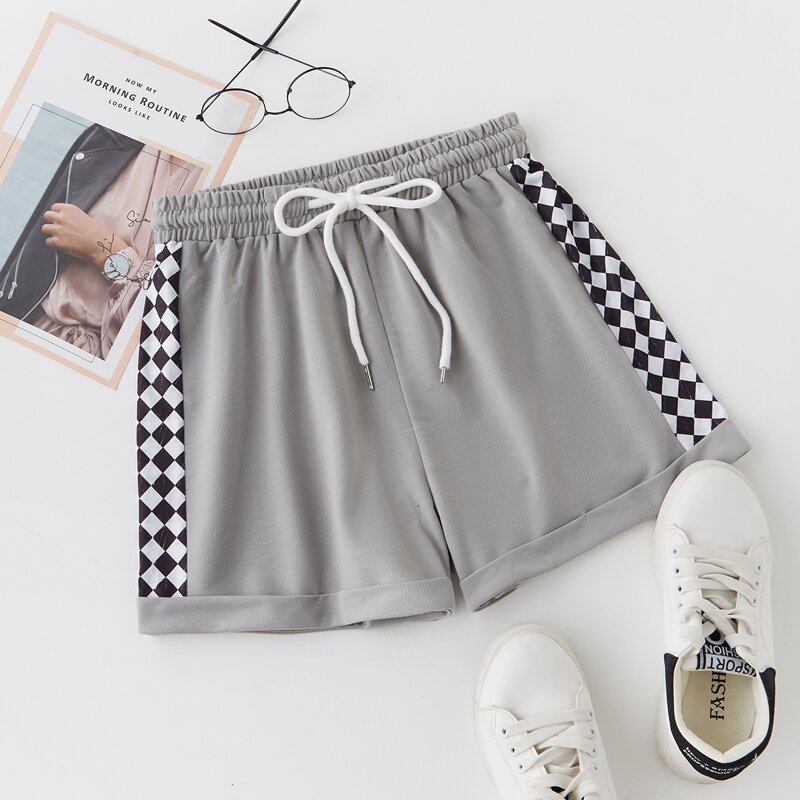 

Checker Plaid Panel Drawstring Shorts, Grey