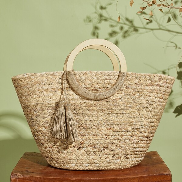 

Ring Handle Tassel Charm Braided Tote Bag, Apricot
