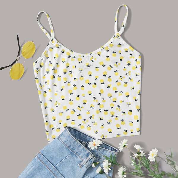 

Ditsy Floral Ribbed Cami Top, White