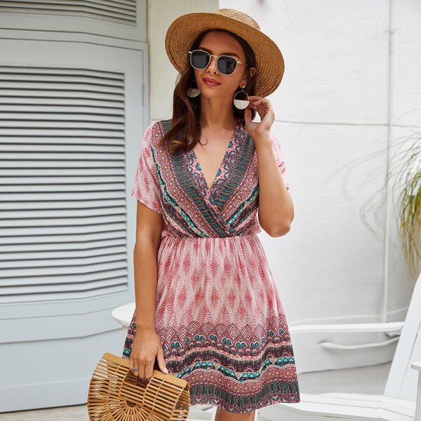 

Surplice Neck Tribal Print Dress, Multicolor