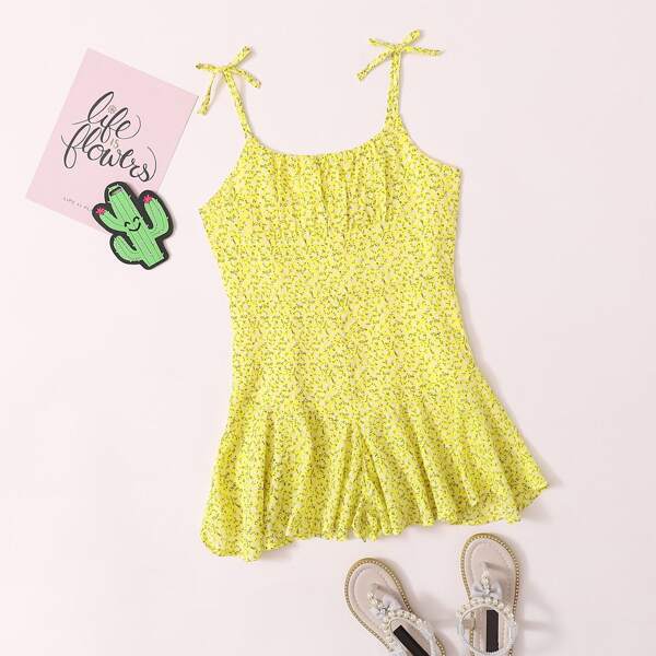 

Girls Self Tie Shoulder Ruched Bust Ditsy Floral Romper, Yellow
