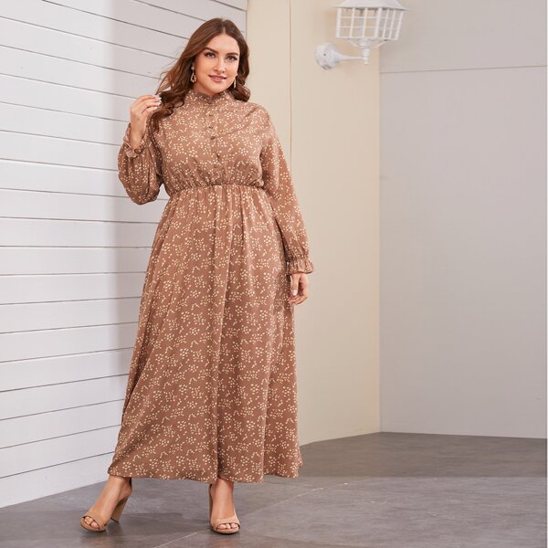 

Plus Allover Print Maxi Shirt Dress, Brown