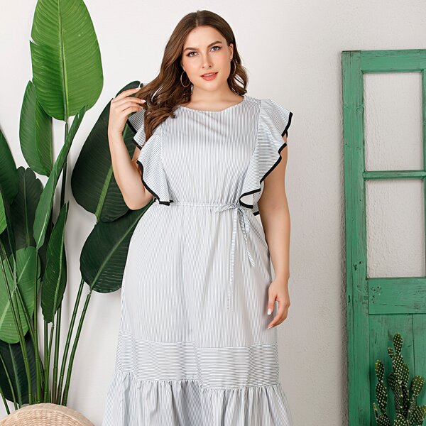 

Plus Butterfly Sleeve Stripe Belted Dress, Grey