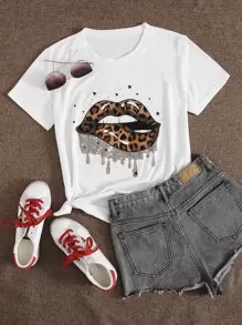 SHEIN LUNE Leopard Lip Print Short Sleeve Tee - White - View 1