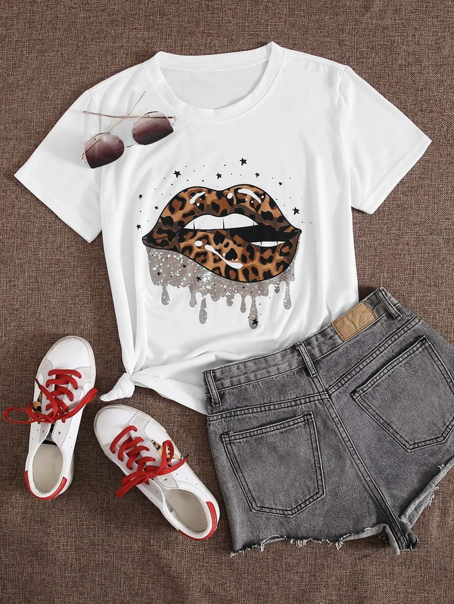 SHEIN LUNE Leopard Lip Print Short Sleeve Tee - White - View 1