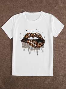 SHEIN LUNE Leopard Lip Print Short Sleeve Tee - White - View 3