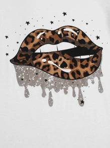SHEIN LUNE Leopard Lip Print Short Sleeve Tee - White - View 4