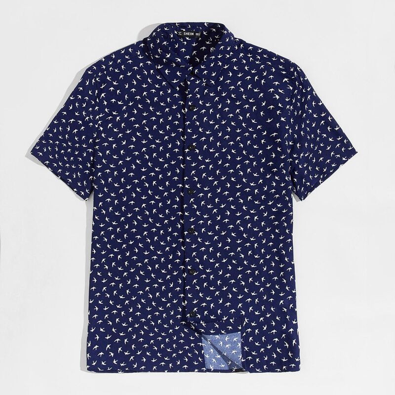 

Guys Collared Allover Bird Print Shirt, Navy