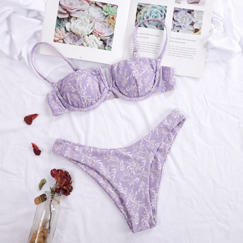 

Floral V Wired Underwire High Cut Bikini Swimsuit, Purple