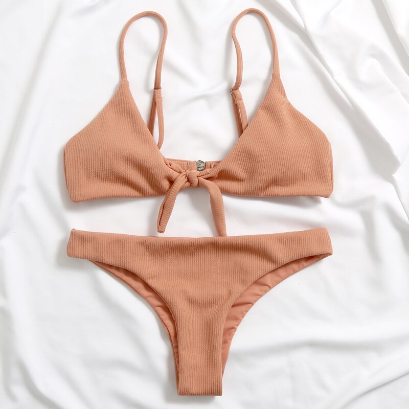

Rib Knot Front Bikini Swimsuit, Brown