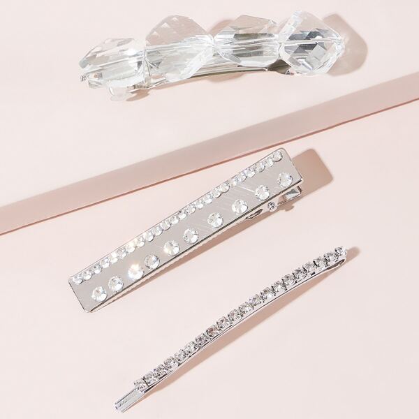 

3pcs Rhinestone Engraved Hair Clip, Silver