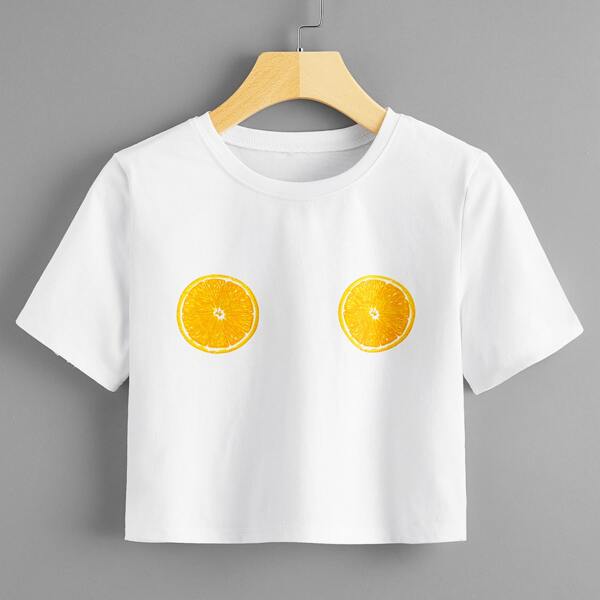 

Orange Print Crop Tee, White