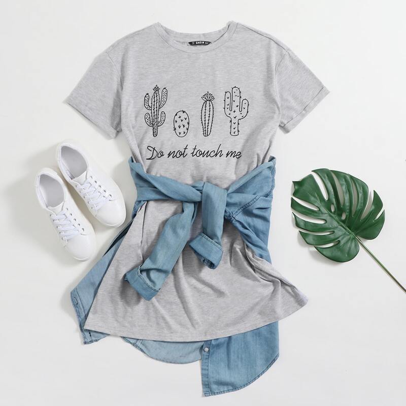 

Slogan and Cactus Print Tee Dress, Grey
