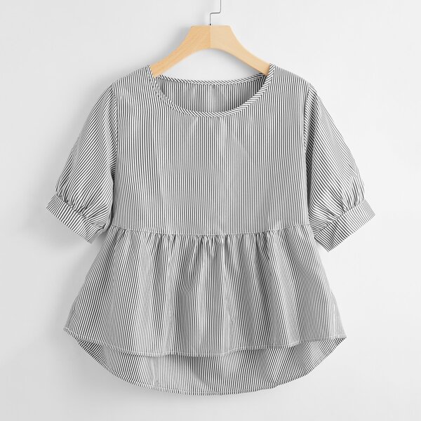 

Vertical Striped Dip Hem Peplum Blouse, Black and white