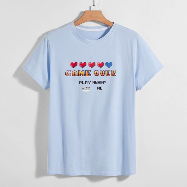 

Men Slogan & Heart Print Tee, Blue pastel