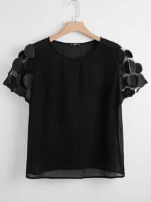 SHEIN Clasi Plus Appliques Mesh Sleeve Top - Black - View 1