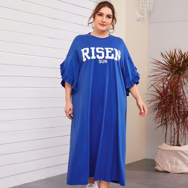 

Plus Drop Shoulder Ruffle Cuff Letter Graphic Dress, Royal blue