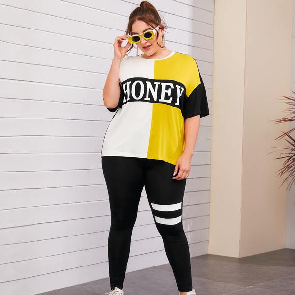 

Plus Colorblock Letter Graphic Top & Striped Leggings Set, Multicolor