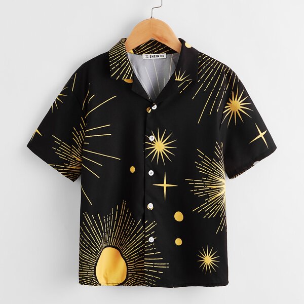 

Boys Notched Collar Graphic Print Shirt, Black