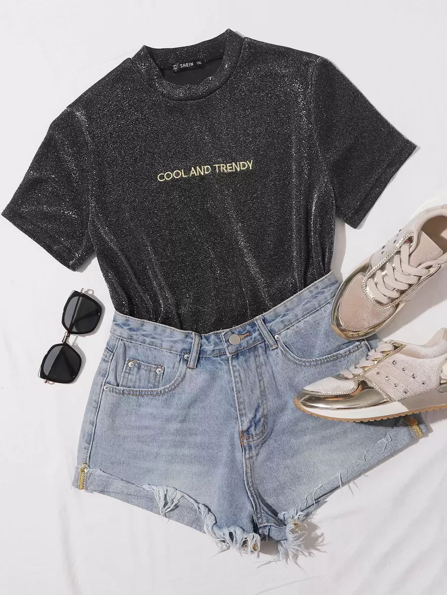 SHEIN EZwear Áo thun Plus size Nghề thêu Lá thư màu đen Hấp dẫn - màu đen - Xem 1