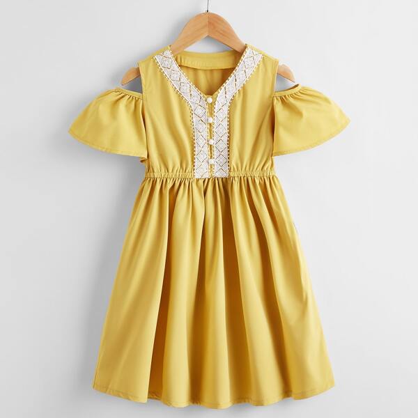 

Toddler Girls Lace Panel Half Button Cold Shoulder A-Line Dress, Yellow