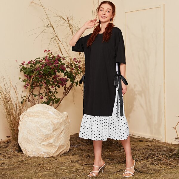 

Drop Shoulder Knot Side Dot Print 2 In 1 Dress, Black
