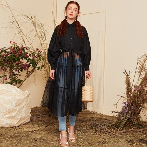 

Bishop Sleeve Mesh Hem Belted Dress, Black